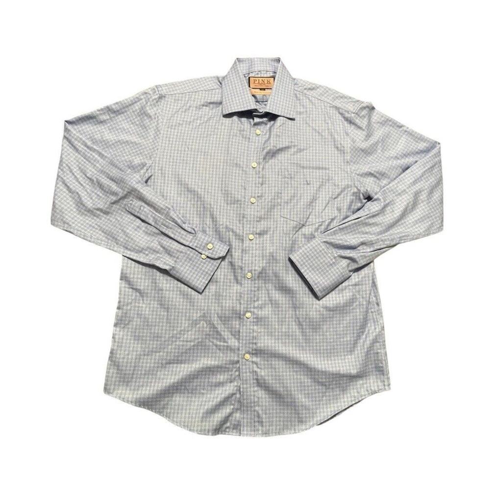 Thomas Pink Button Up Shirt Mens Medium 15.5 Blue Plaid Jermyn Slim Traveller